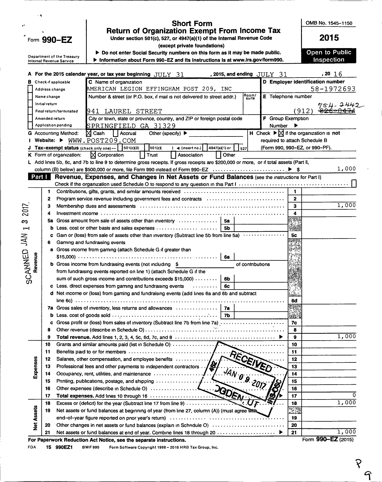 Image of first page of 2015 Form 990EO for American Legion