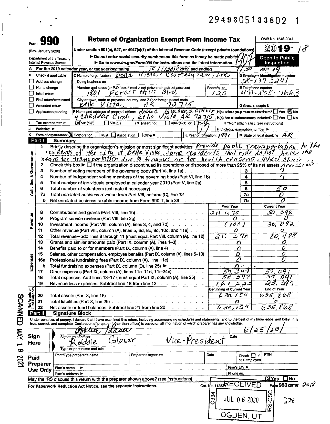 Image of first page of 2018 Form 990 for Bella Vista Courtesy Van