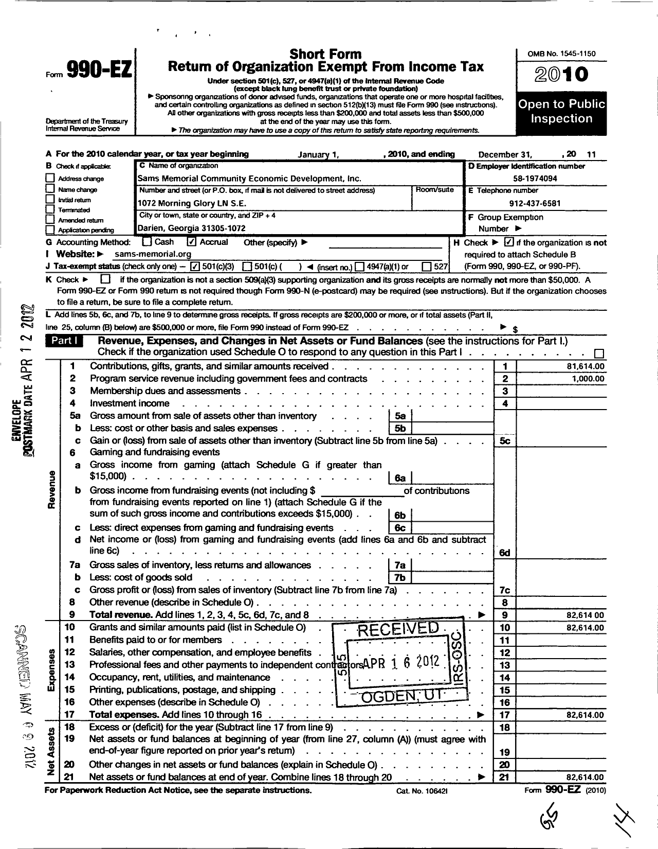 Image of first page of 2011 Form 990EZ for Sams Memorial Community Partnership