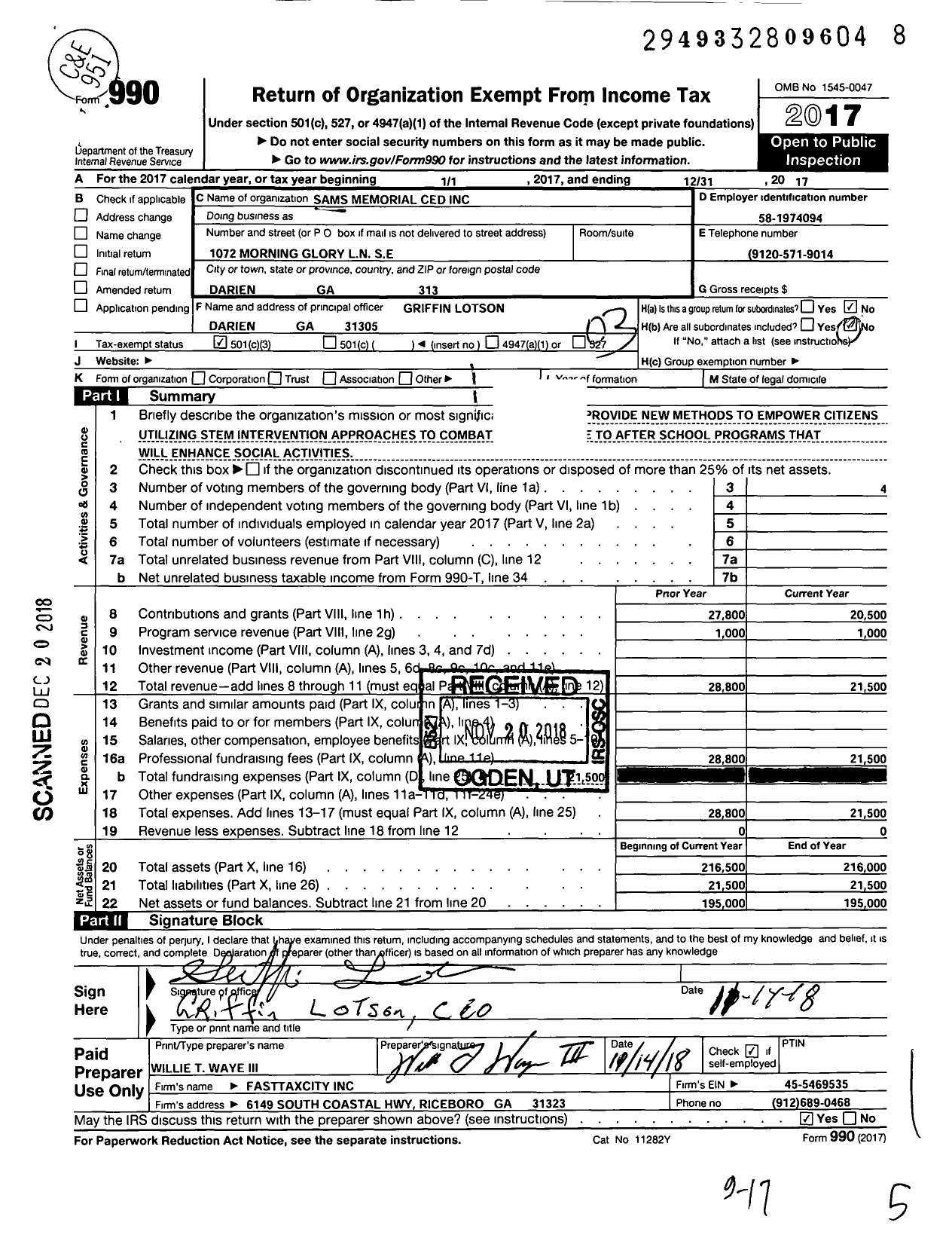 Image of first page of 2017 Form 990 for Sams Memorial Community Partnership