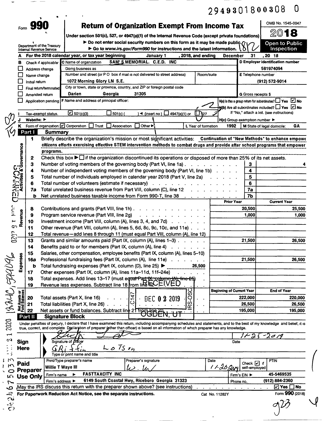 Image of first page of 2018 Form 990 for Sams Memorial Community Partnership