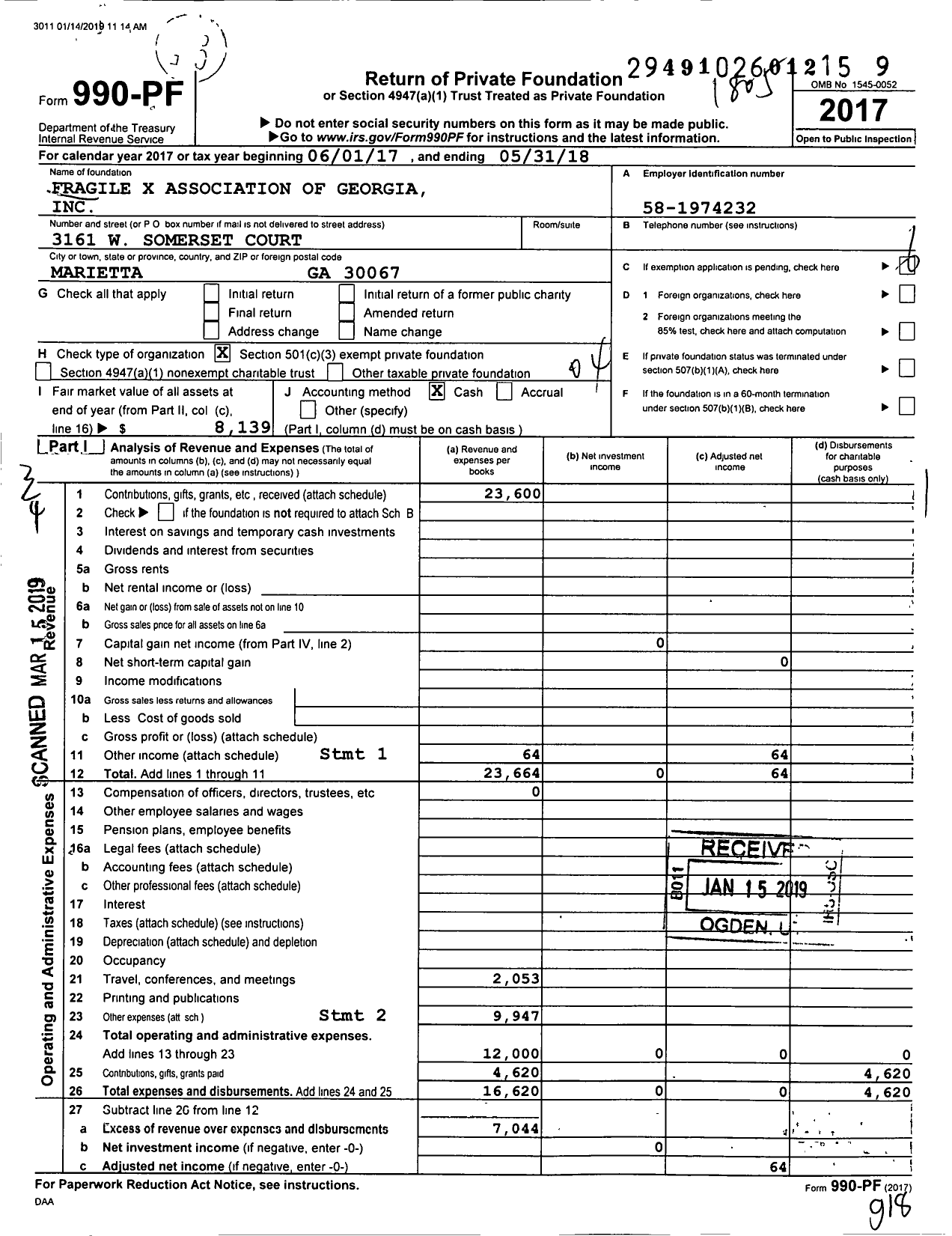 Image of first page of 2017 Form 990PF for Fragile X Association of Georgia