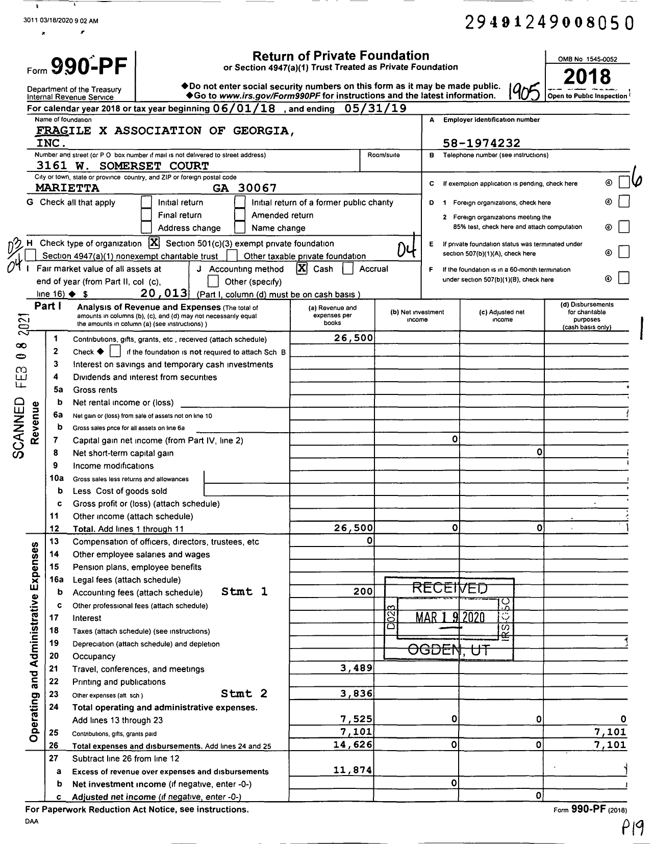 Image of first page of 2018 Form 990PF for Fragile X Association of Georgia