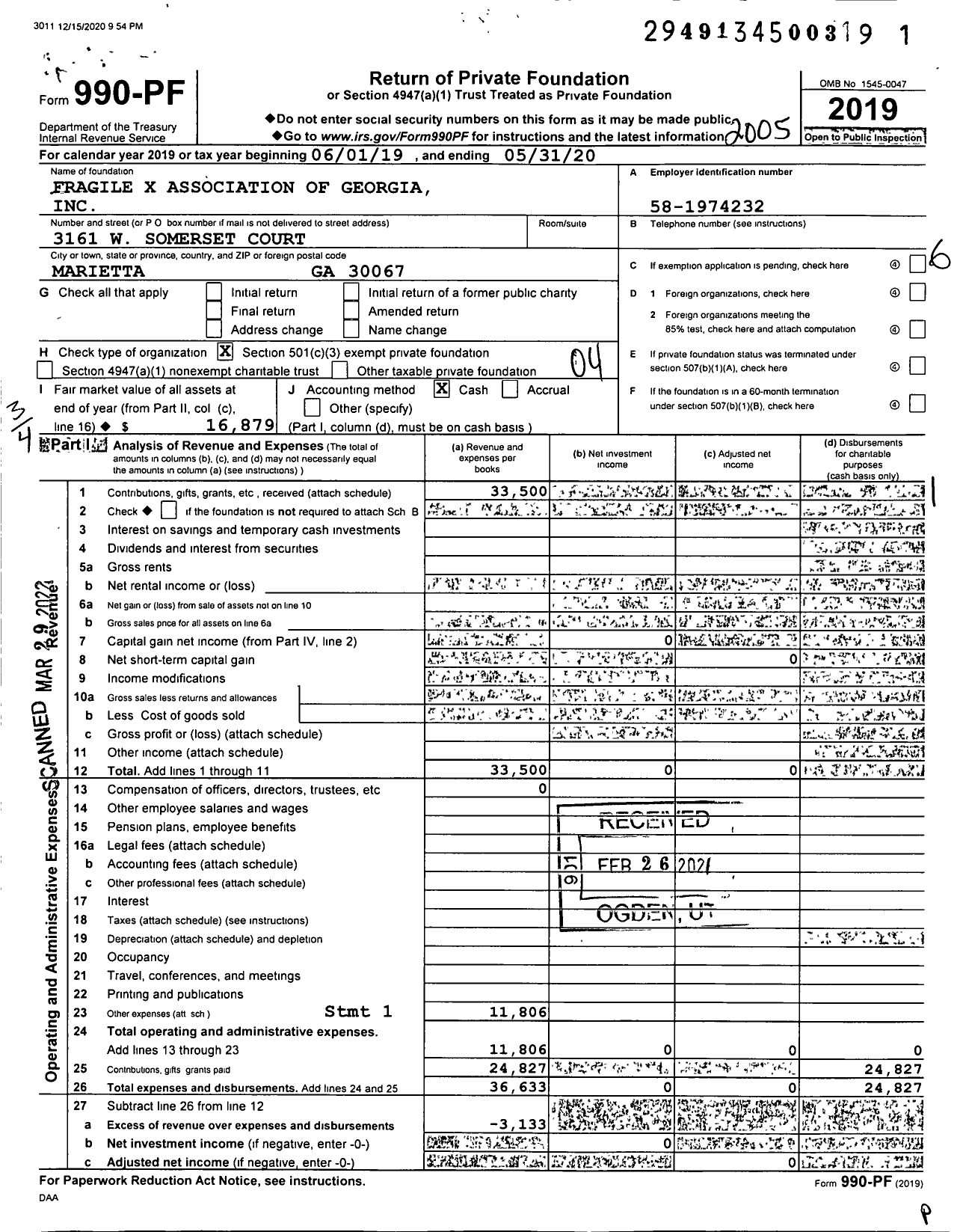 Image of first page of 2019 Form 990PF for Fragile X Association of Georgia