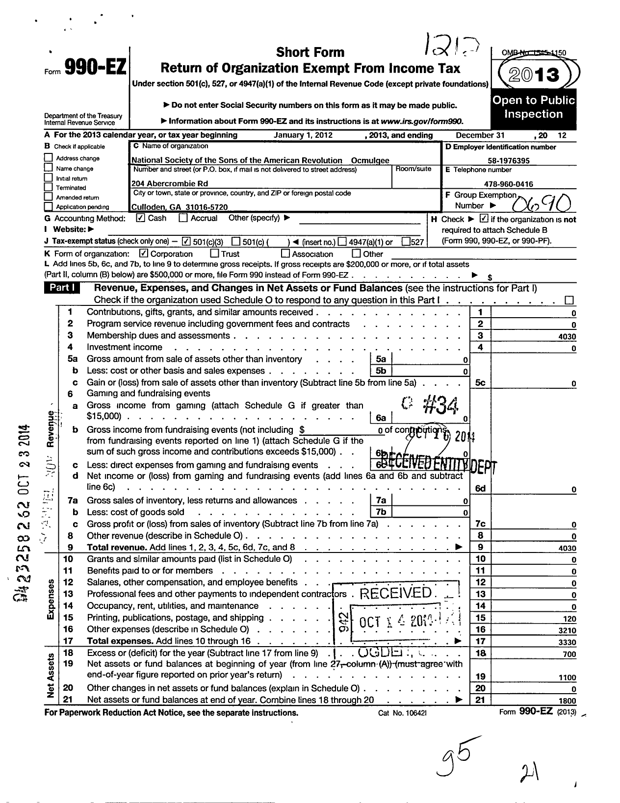 Image of first page of 2012 Form 990EZ for National Society of the Sons of the American Revolution / Ocmulgee