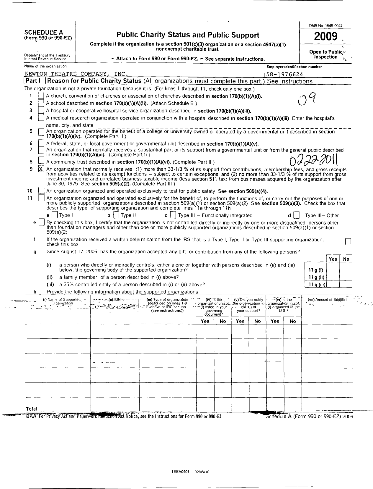 Image of first page of 2009 Form 990OR for Newton Theatre Company