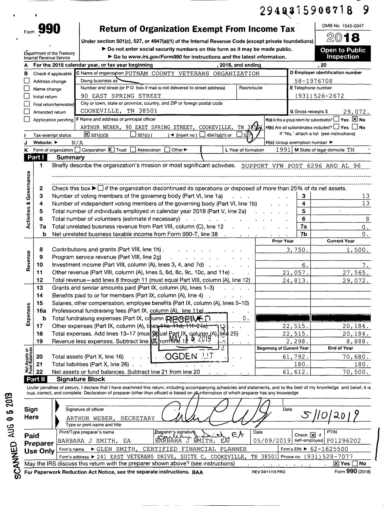 Image of first page of 2018 Form 990 for Putnam County Veterans Organization