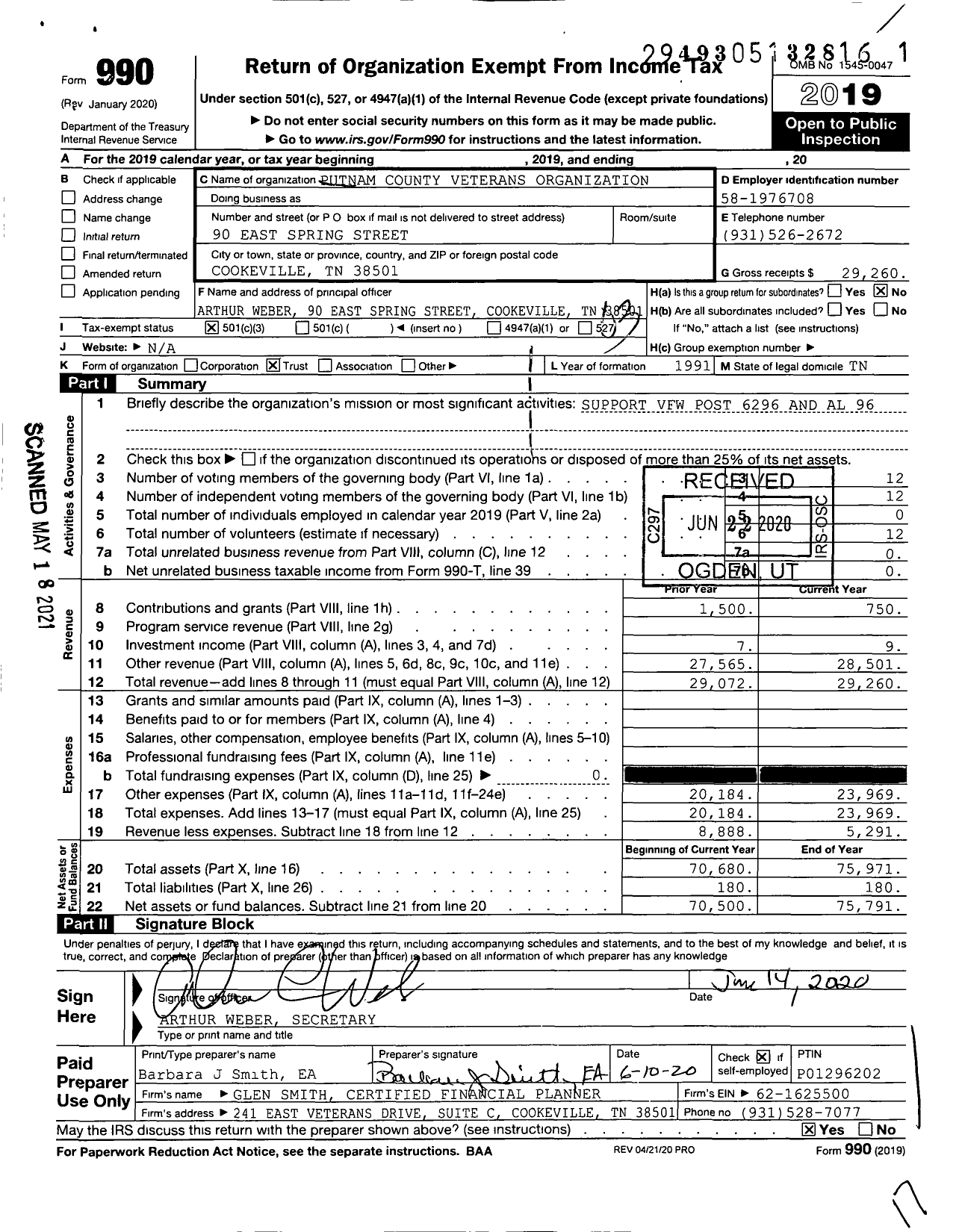 Image of first page of 2019 Form 990 for Putnam County Veterans Organization