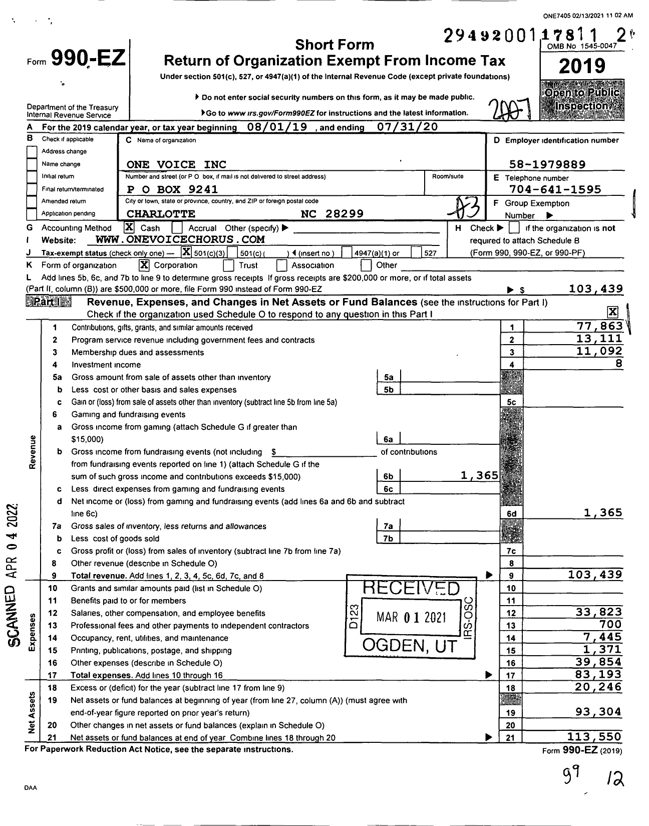 Image of first page of 2019 Form 990EZ for One Voice