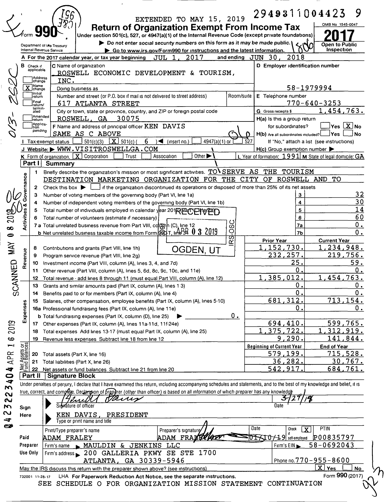 Image of first page of 2017 Form 990O for Roswell Economic Development and Tourism