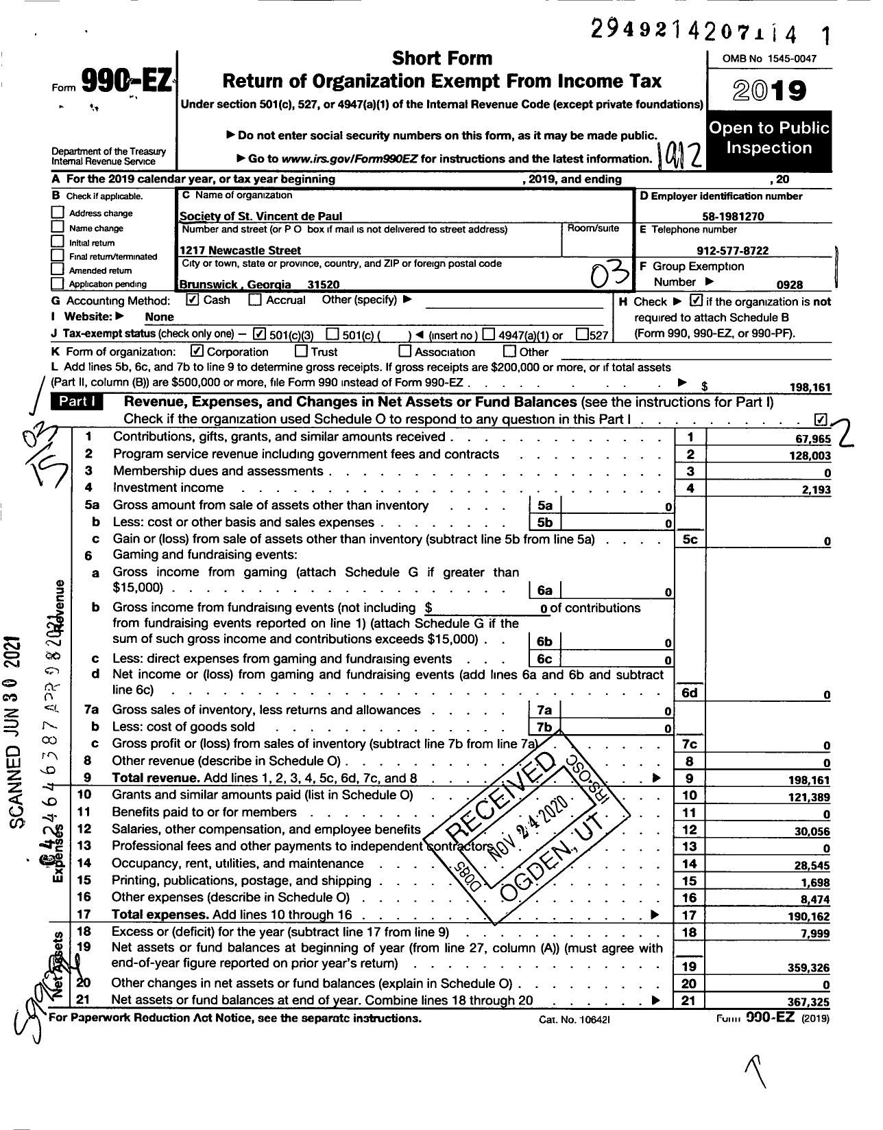 Image of first page of 2019 Form 990EZ for Society of St Vincent de Paul / St Vincent de Paul Thrift Store