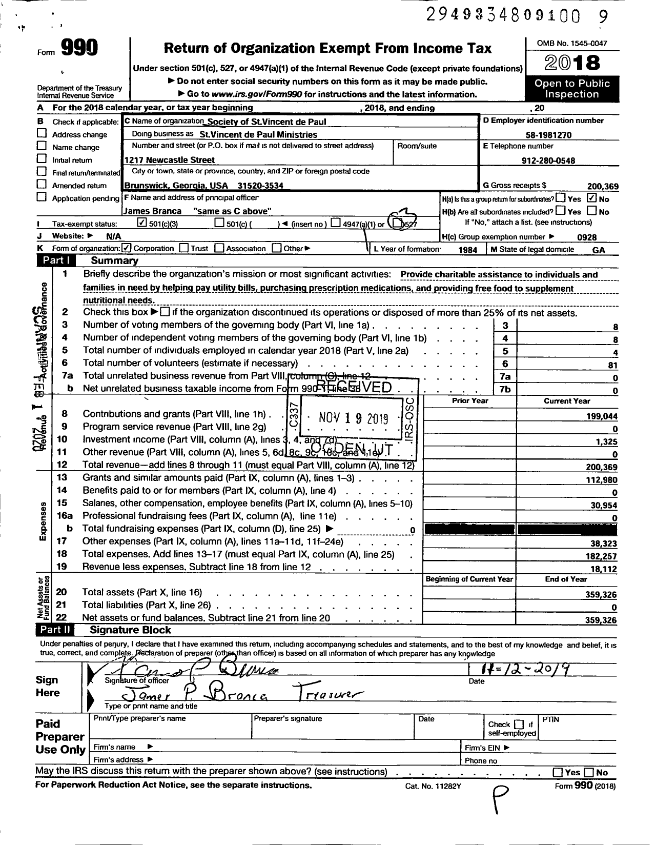 Image of first page of 2018 Form 990 for Society of St Vincent de Paul / St Vincent de Paul Thrift Store