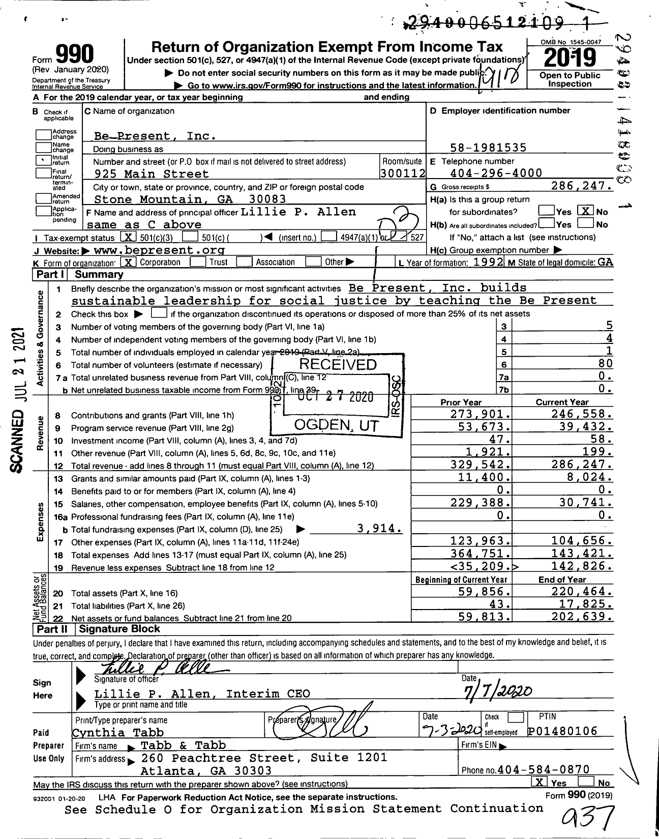 Image of first page of 2019 Form 990 for Be Present