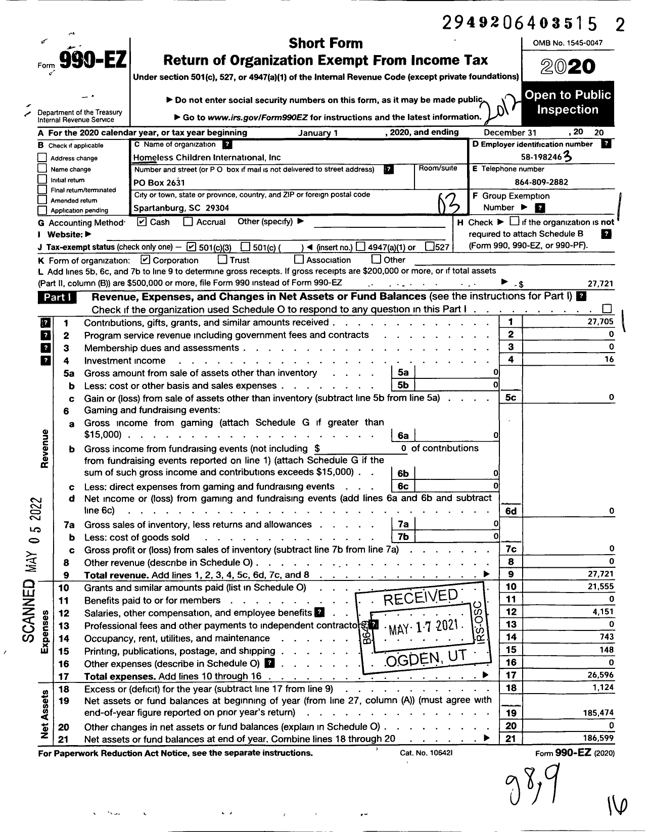 Image of first page of 2020 Form 990EZ for Homeless Children International