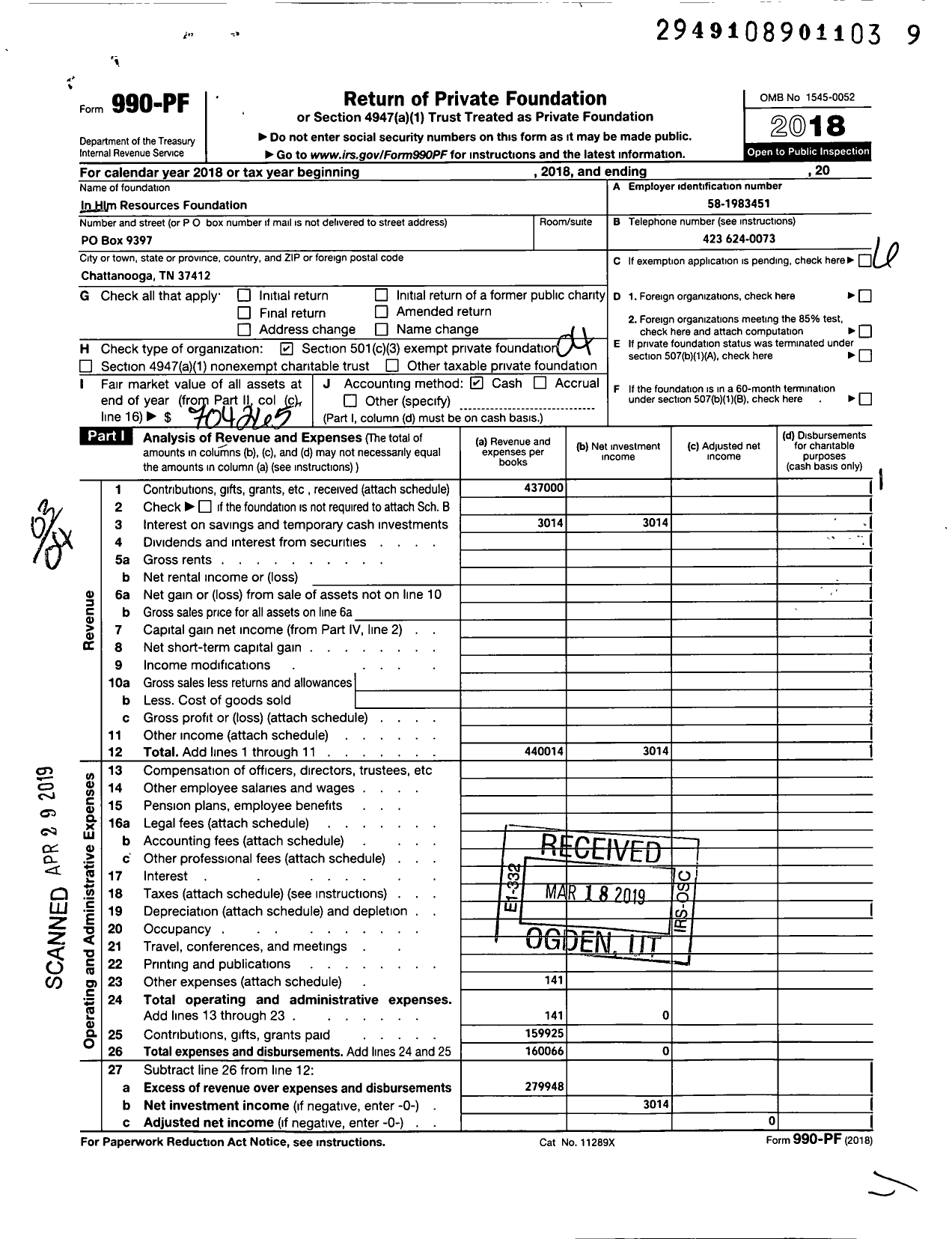 Image of first page of 2018 Form 990PF for In Him Resources Foundation