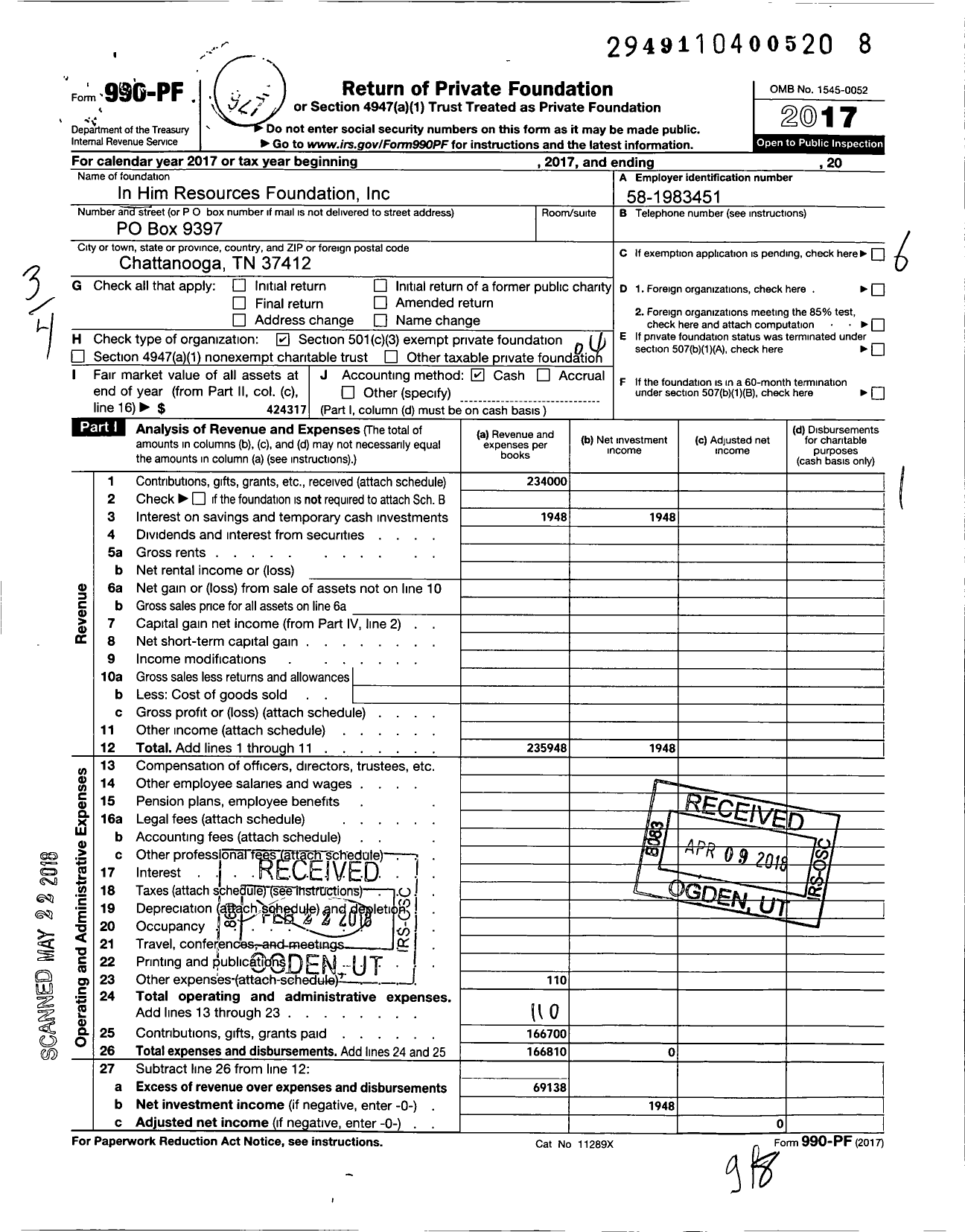 Image of first page of 2017 Form 990PF for In Him Resources Foundation