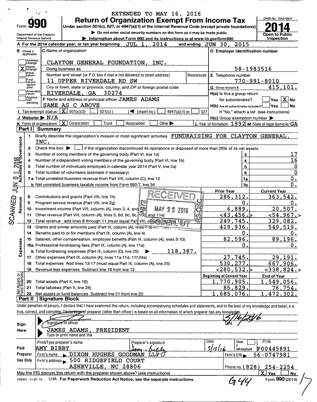 Image of first page of 2014 Form 990 for Clayton General Foundation