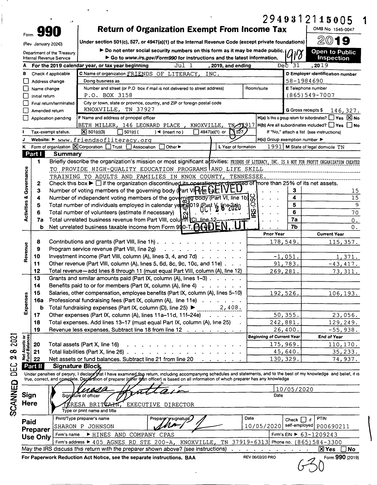 Image of first page of 2019 Form 990 for Friends of Literacy