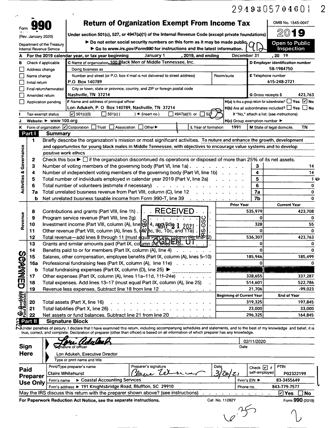 Image of first page of 2019 Form 990 for 100 Black Men of Middle TN