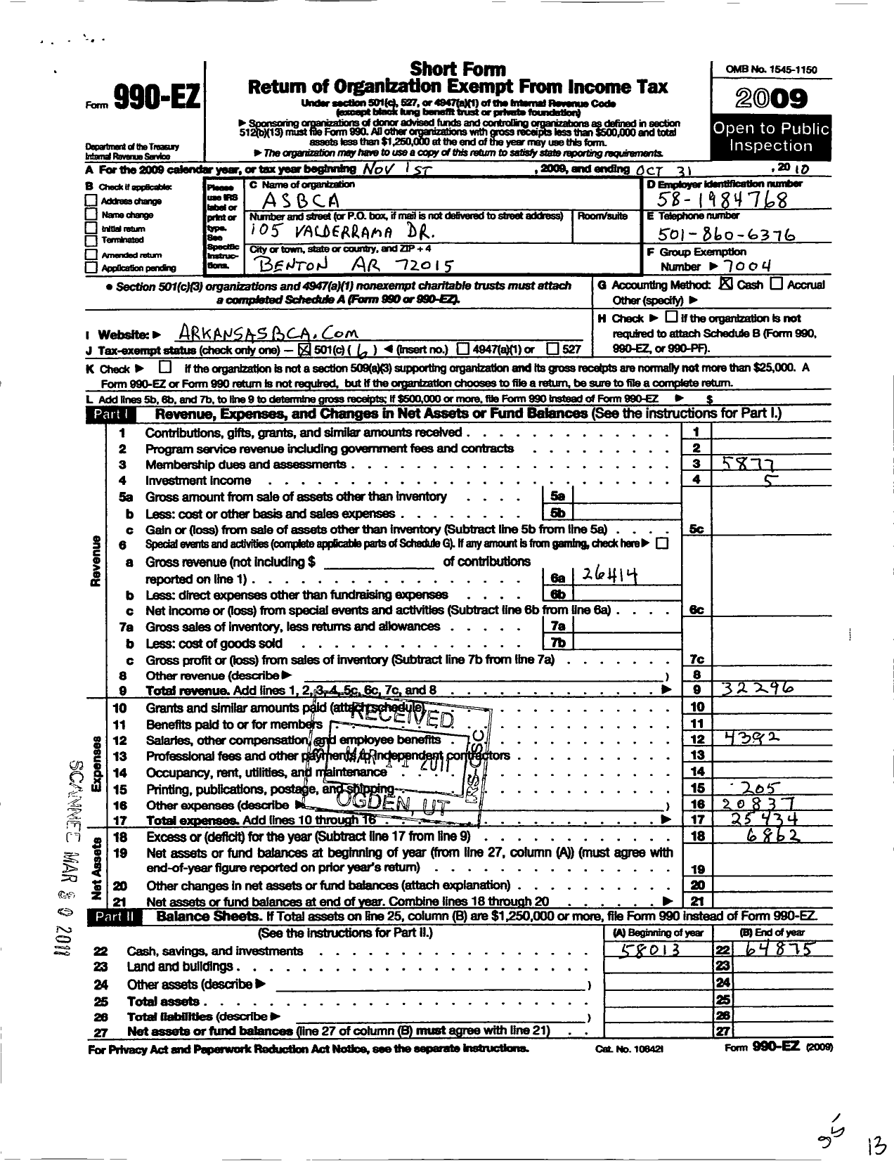 Image of first page of 2009 Form 990EO for Bowling Proprietors Association of America / Arkansas State Bpa