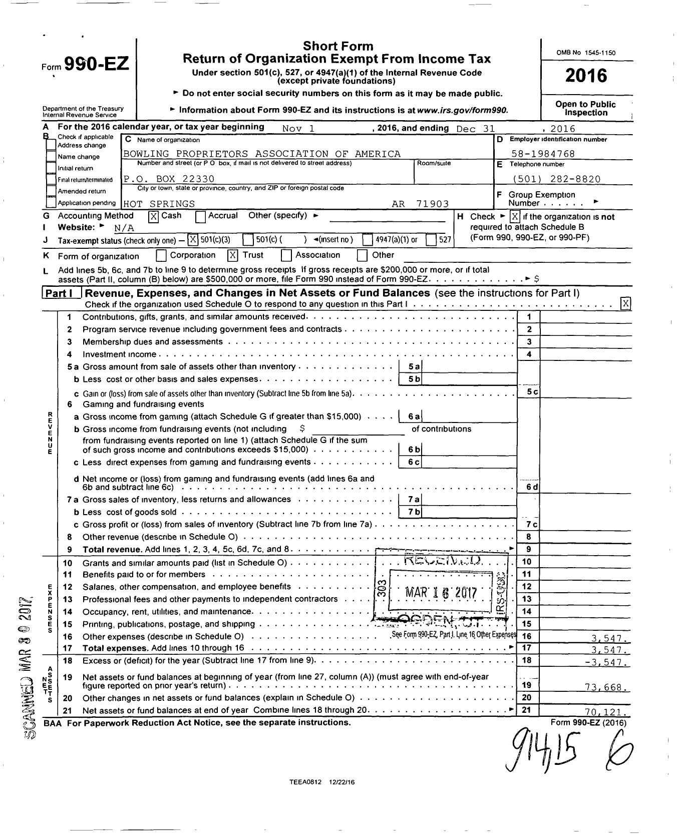 Image of first page of 2016 Form 990EZ for Bowling Proprietors Association of America / Arkansas State Bpa