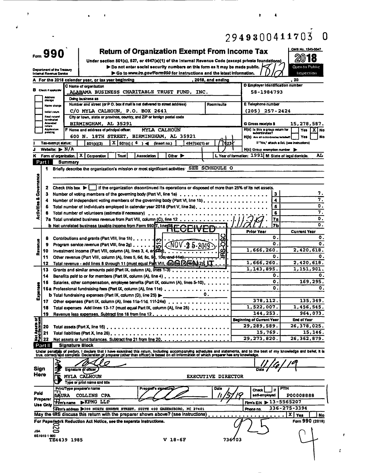 Image of first page of 2018 Form 990O for Alabama Business Charitable Trust Fund