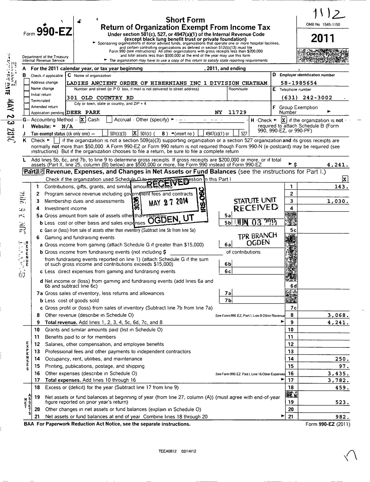 Image of first page of 2011 Form 990EO for Ancient Order of Hibernians Ladies / 1 Div Chatham Co Savannah Ga