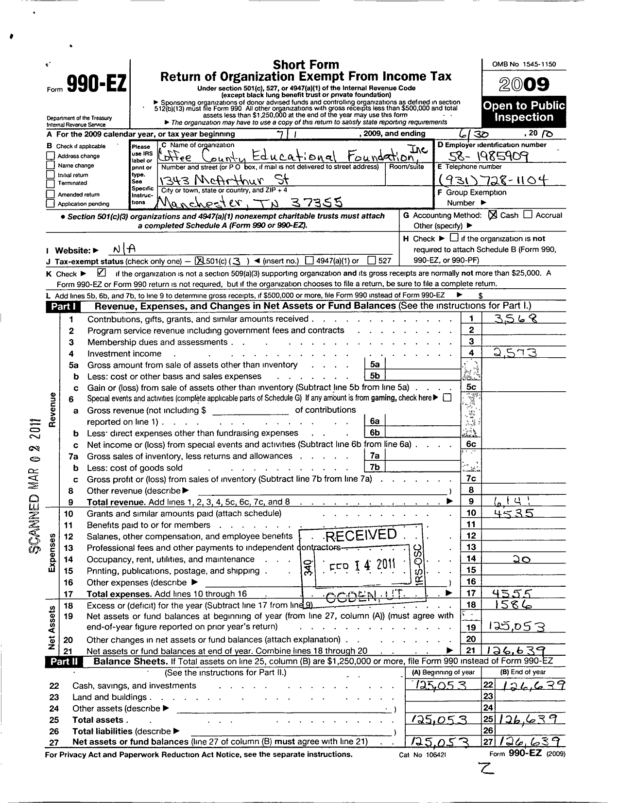 Image of first page of 2009 Form 990EZ for Coffee County Educational Foundation