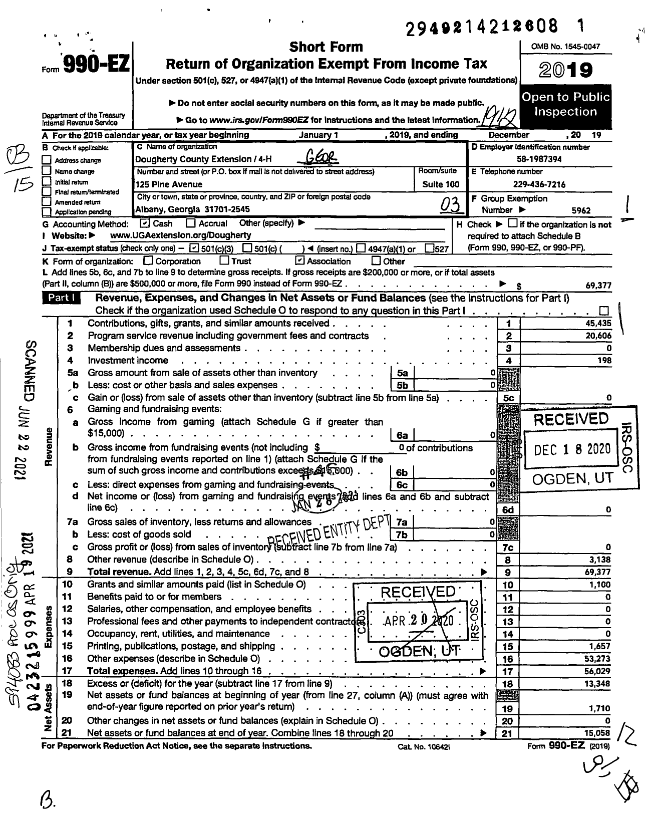 Image of first page of 2019 Form 990EZ for Georgia Extension 4-H Foundation / Dougherty County Extension 4-H