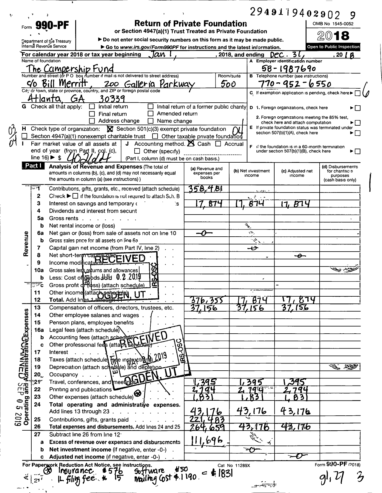 Image of first page of 2018 Form 990PF for The Campership Fund