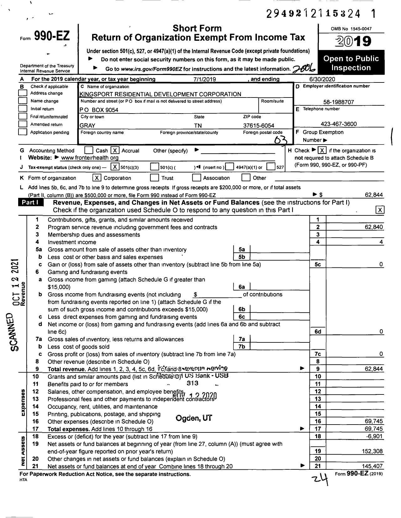 Image of first page of 2019 Form 990EZ for Kingsport Residential Development Corporation