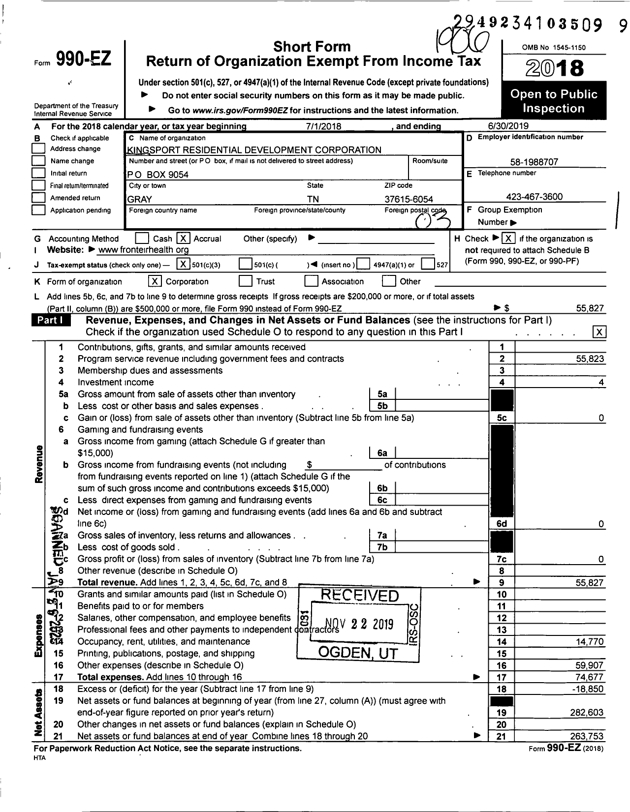 Image of first page of 2018 Form 990EZ for Kingsport Residential Development Corporation