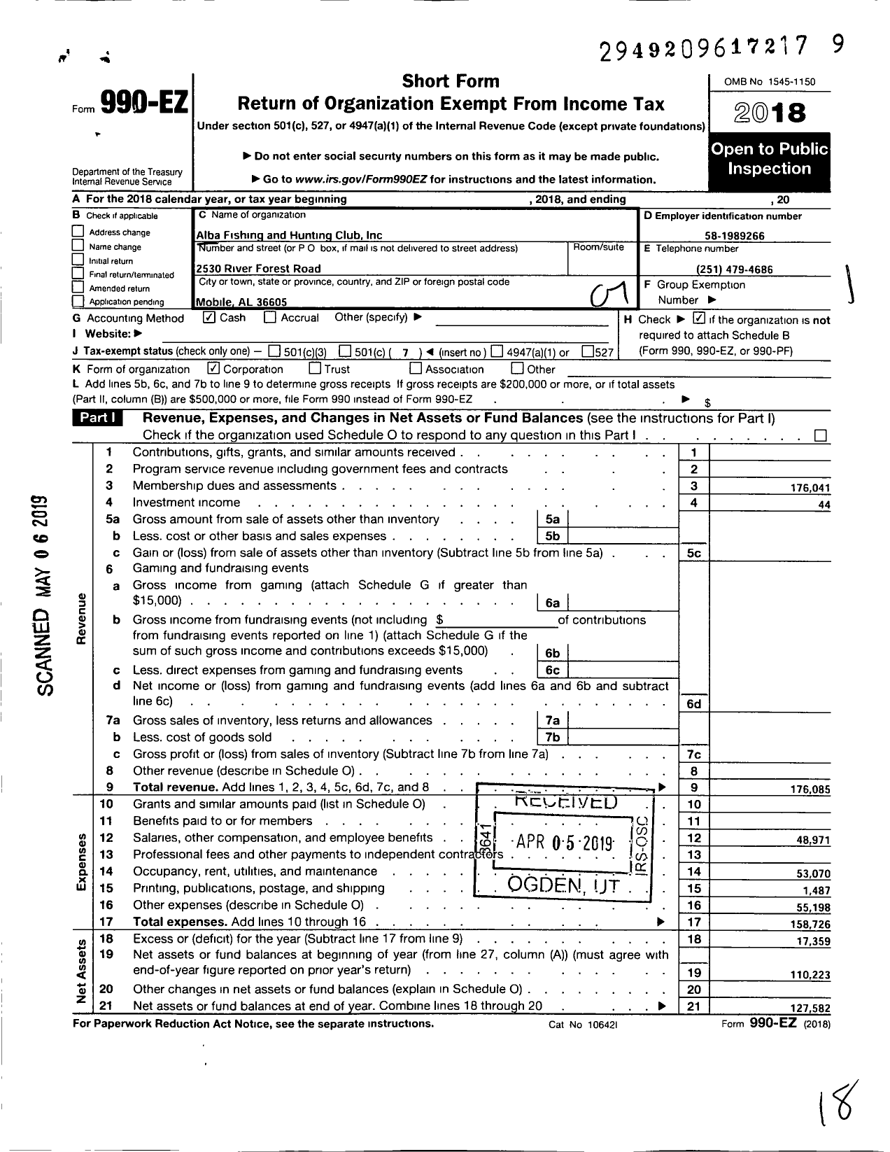 Image of first page of 2018 Form 990EO for Alba Fishing and Hunting Club