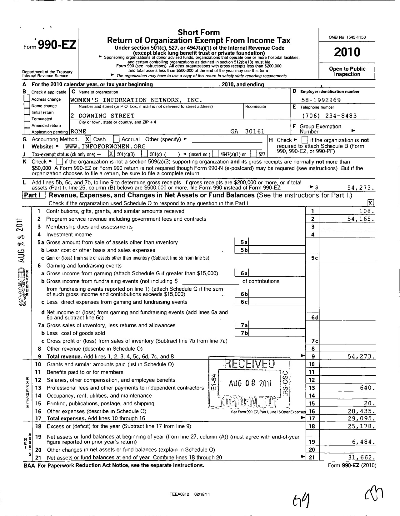 Image of first page of 2010 Form 990EZ for Womens Information Network