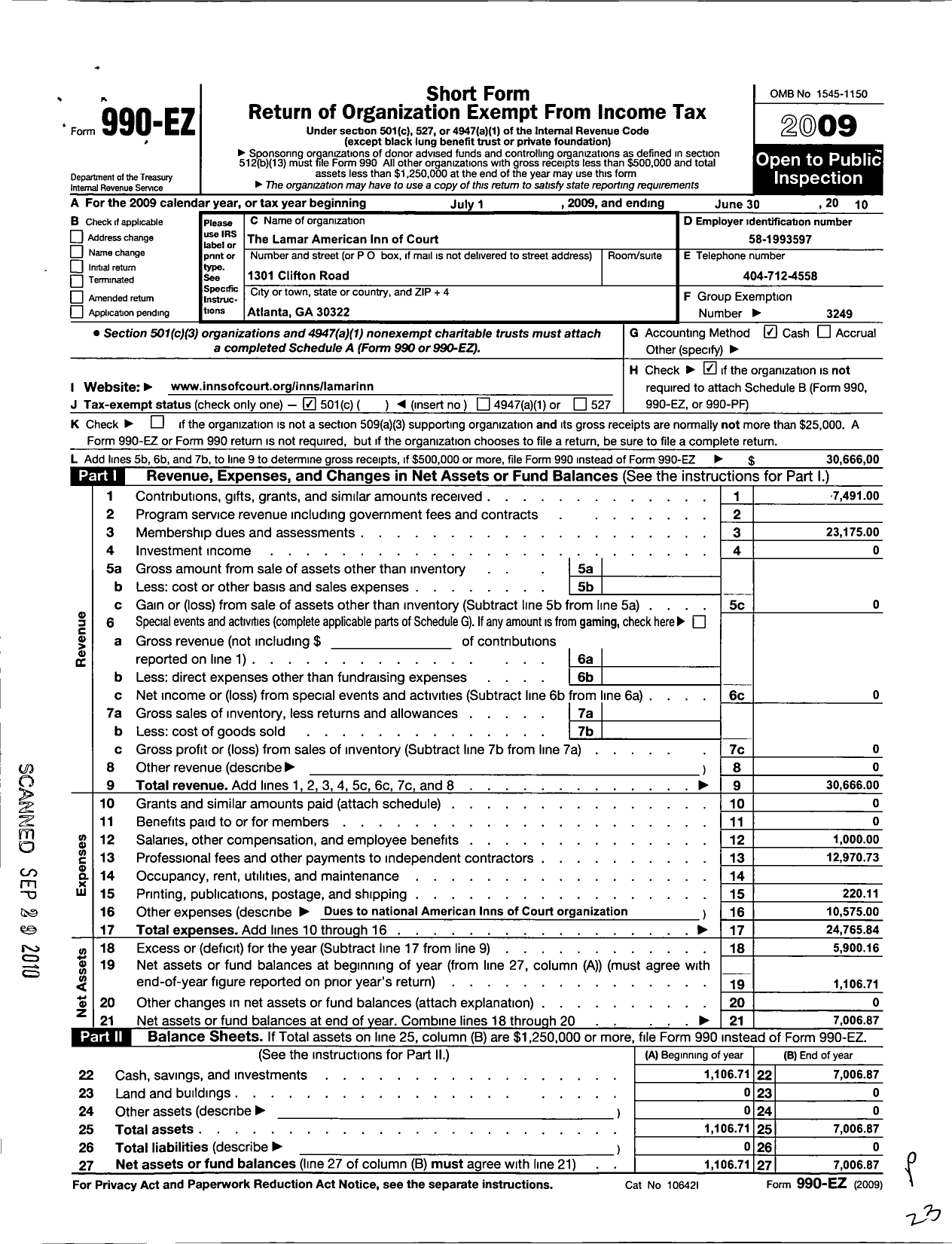 Image of first page of 2009 Form 990EO for American Inns of Court Foundation - 30164 Lamar Chapter