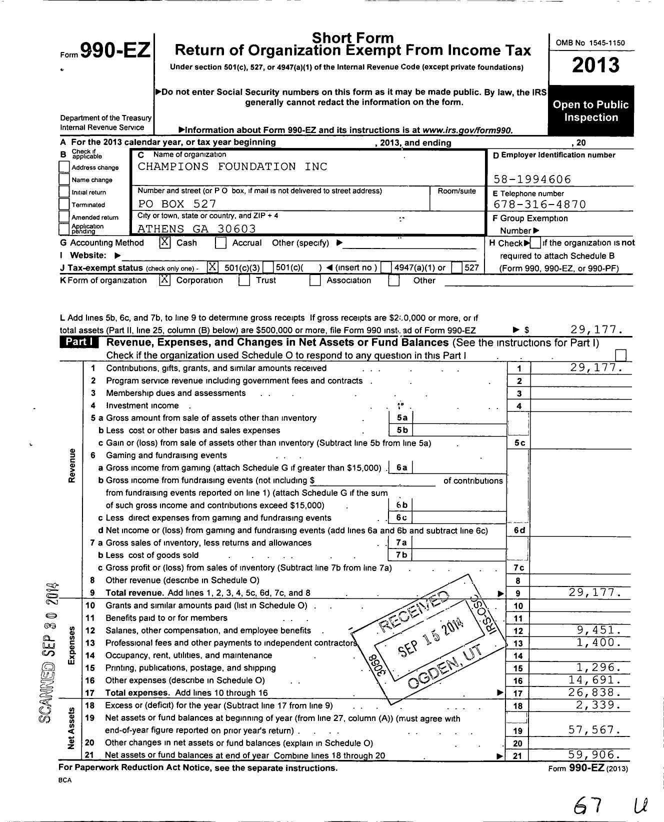 Image of first page of 2013 Form 990EZ for Champions Foundation