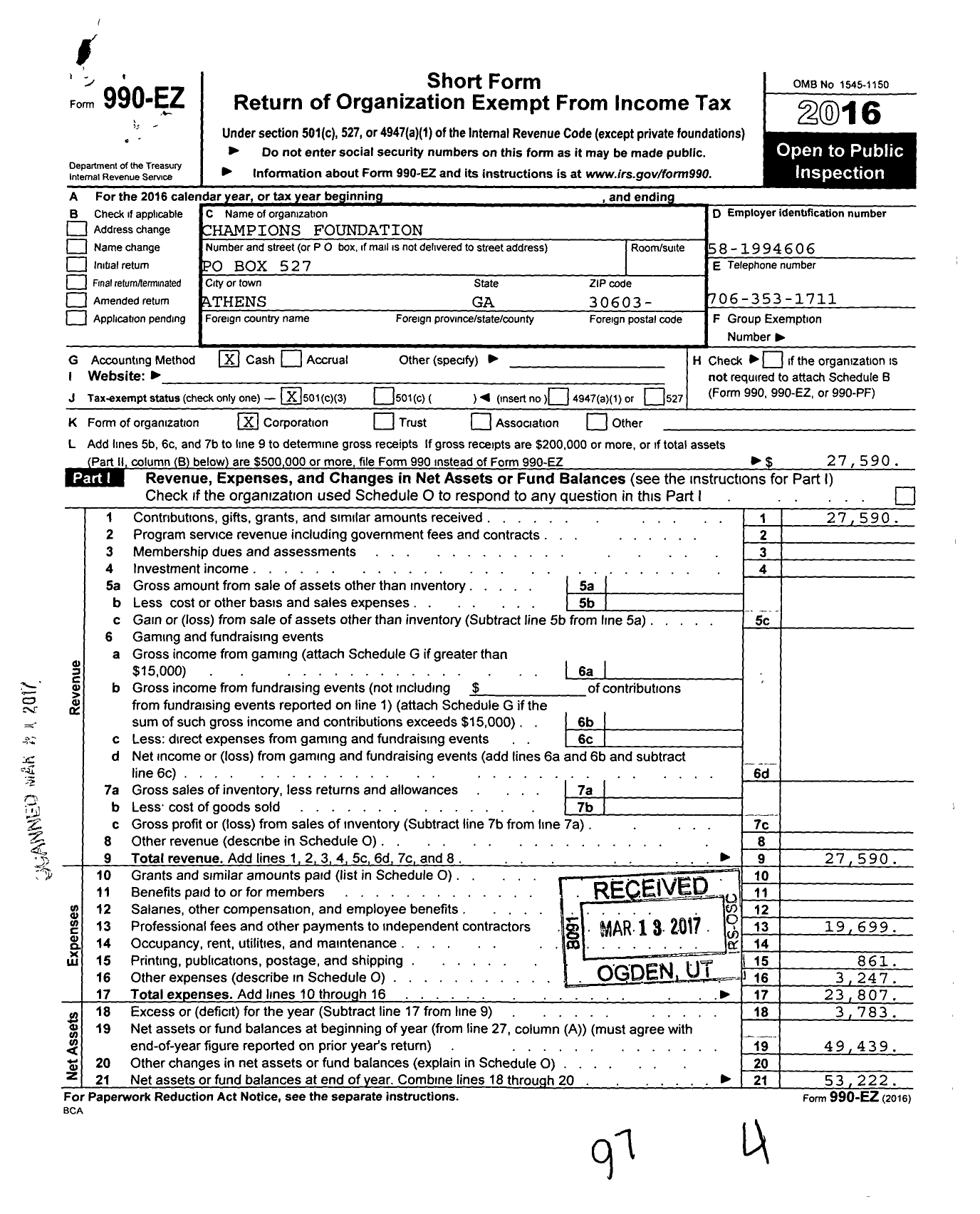 Image of first page of 2016 Form 990EZ for Champions Foundation