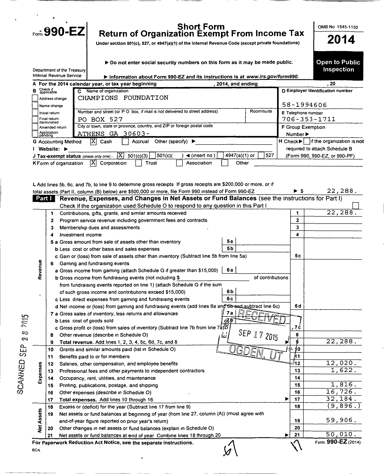 Image of first page of 2014 Form 990EZ for Champions Foundation