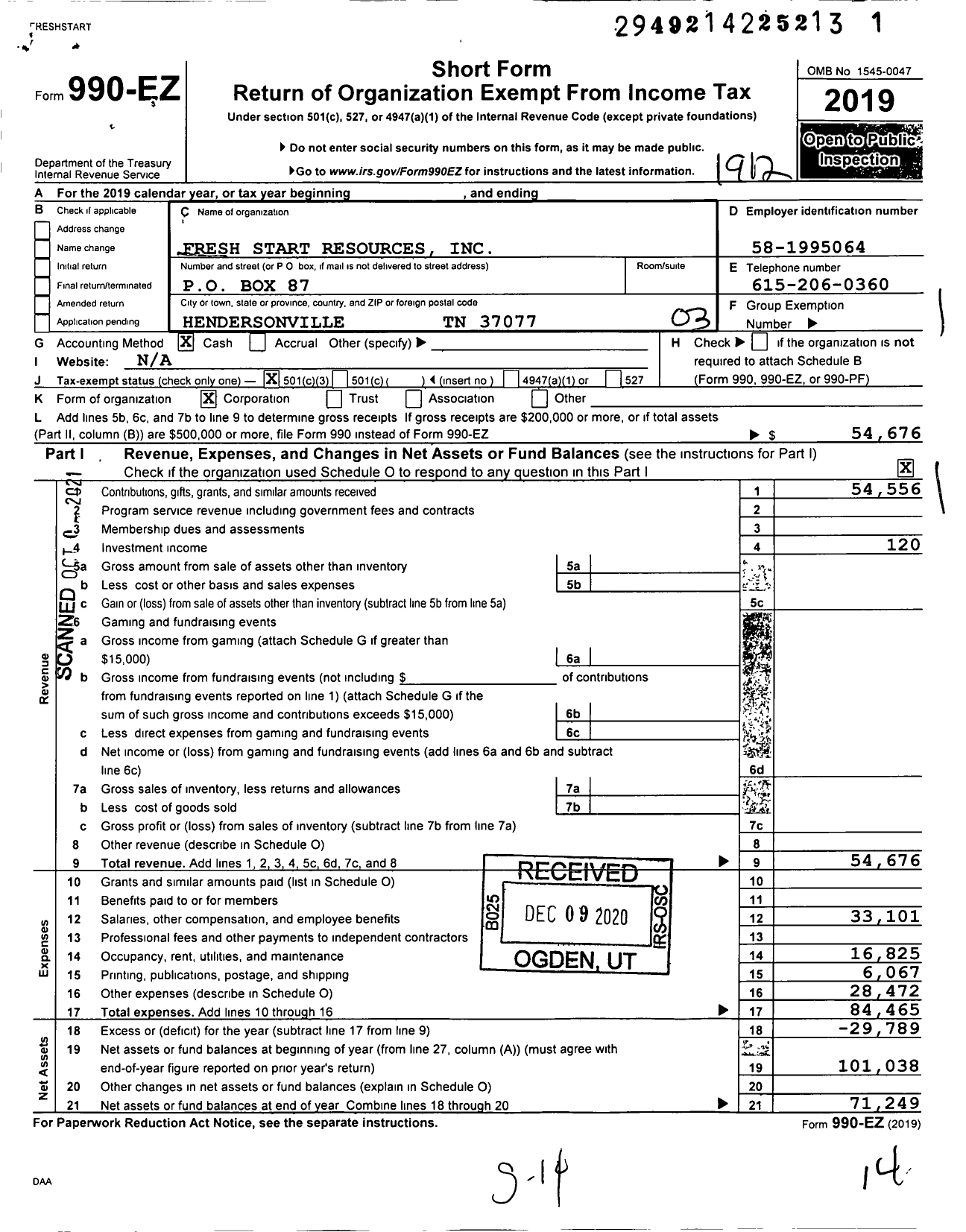 Image of first page of 2019 Form 990EZ for Fresh Start Resources