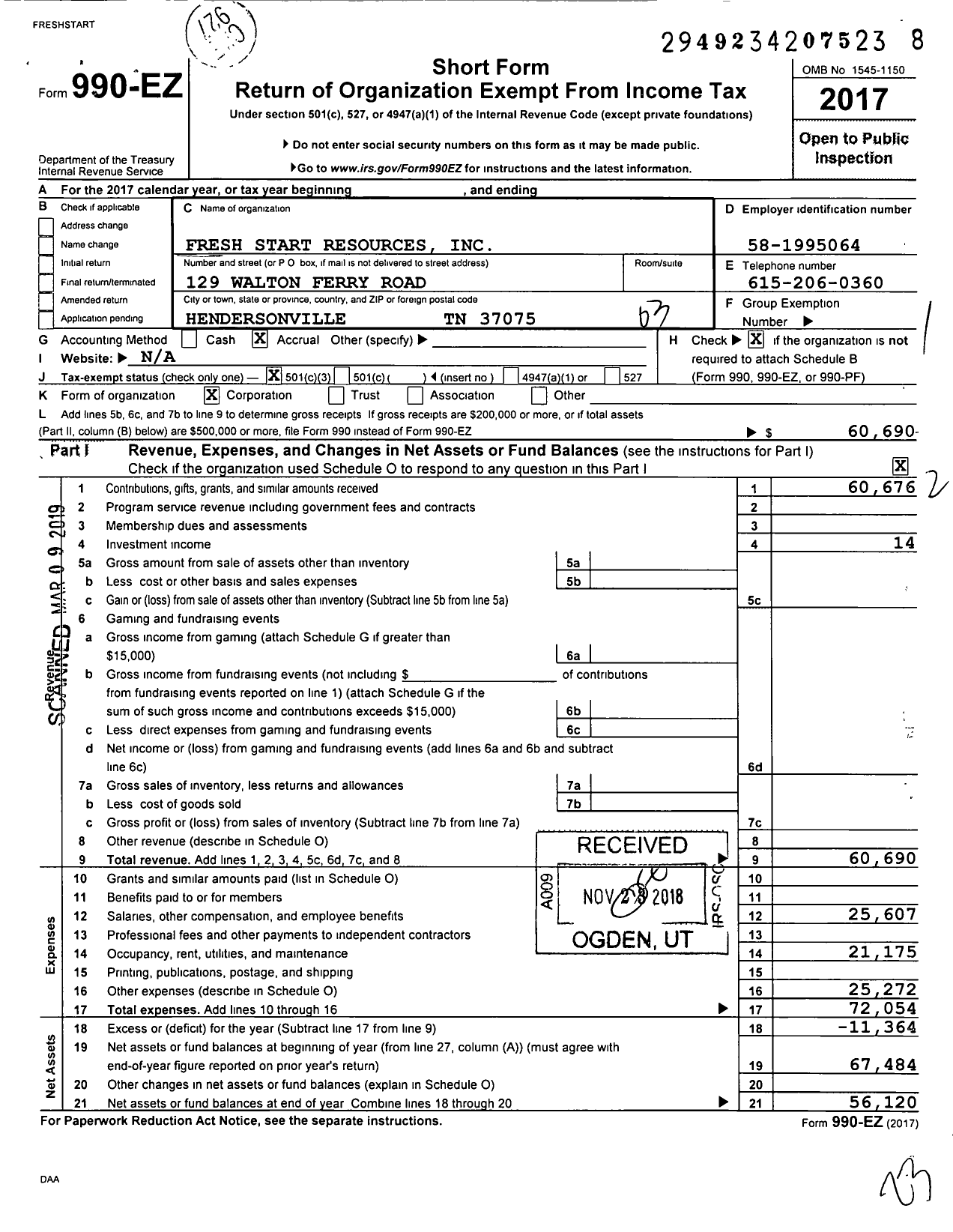 Image of first page of 2017 Form 990EZ for Fresh Start Resources