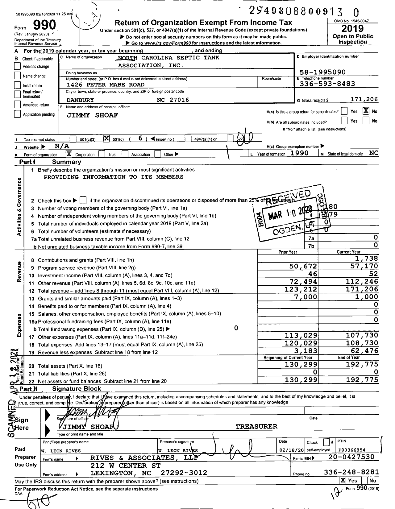 Image of first page of 2019 Form 990O for North Carolina Septic Tank Association