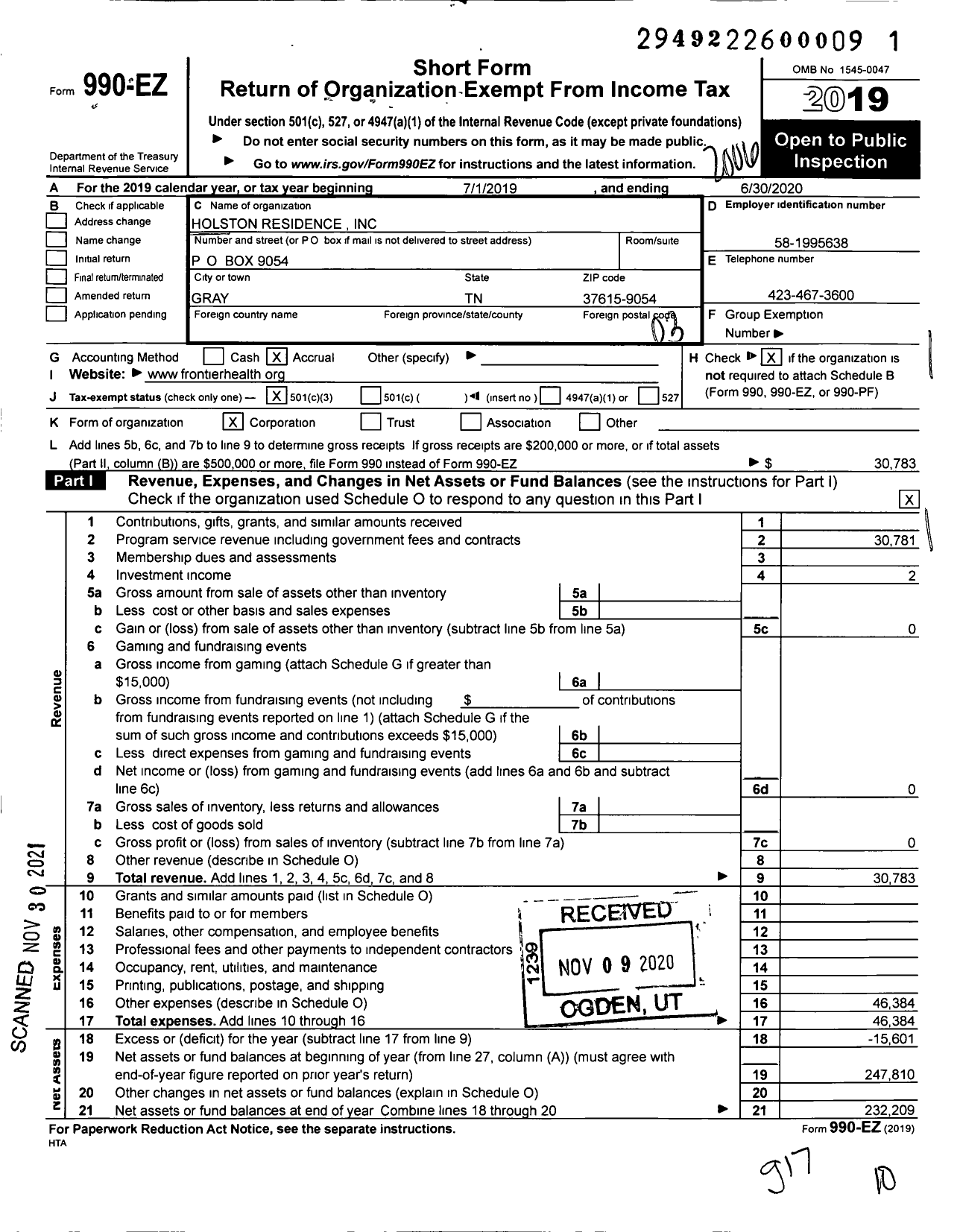 Image of first page of 2019 Form 990EZ for Holston Residence