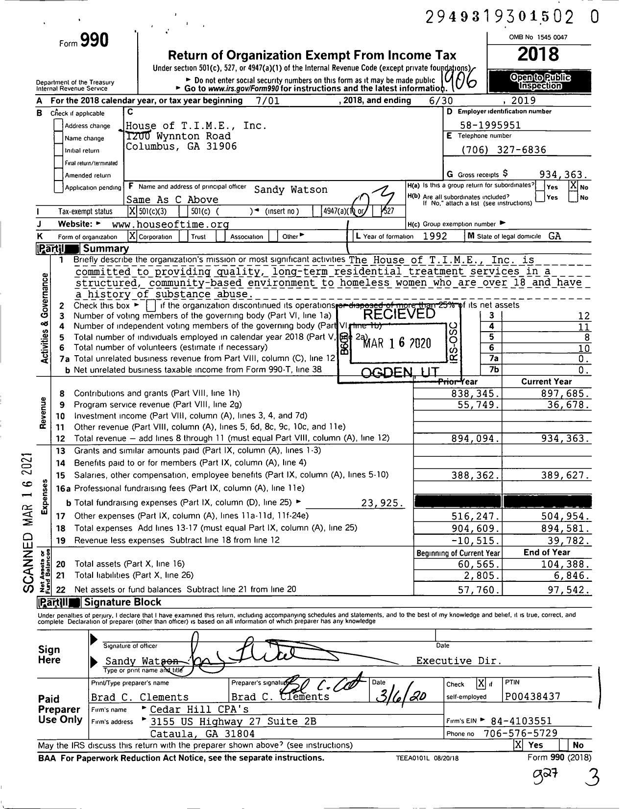 Image of first page of 2018 Form 990 for House of TIME