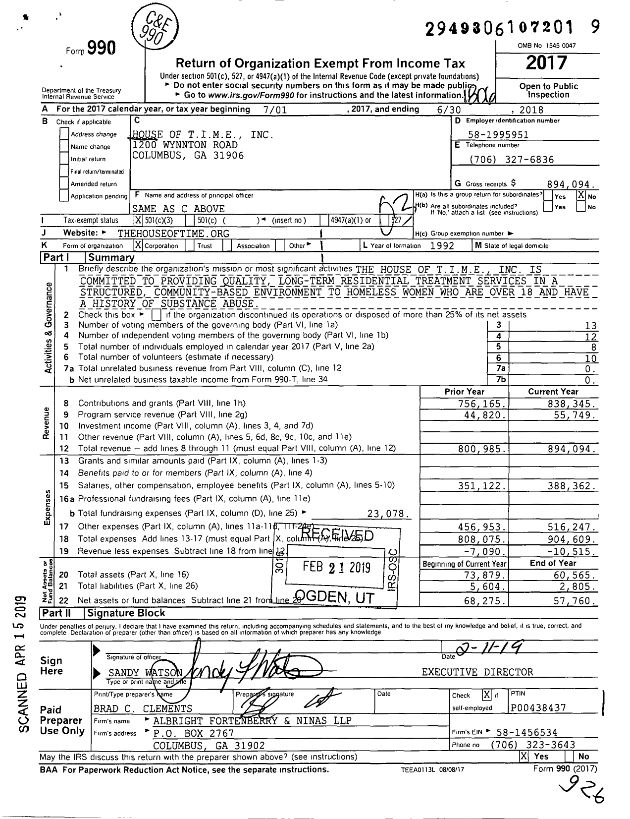 Image of first page of 2017 Form 990 for House of TIME