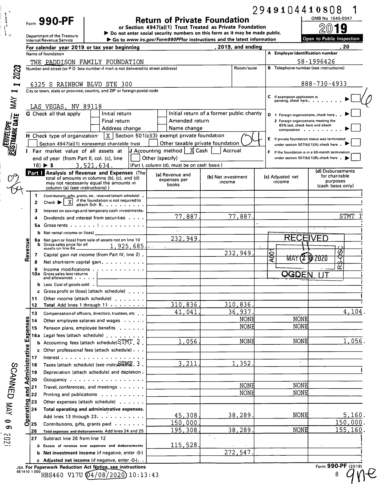 Image of first page of 2019 Form 990PF for The Paddison Family Foundation