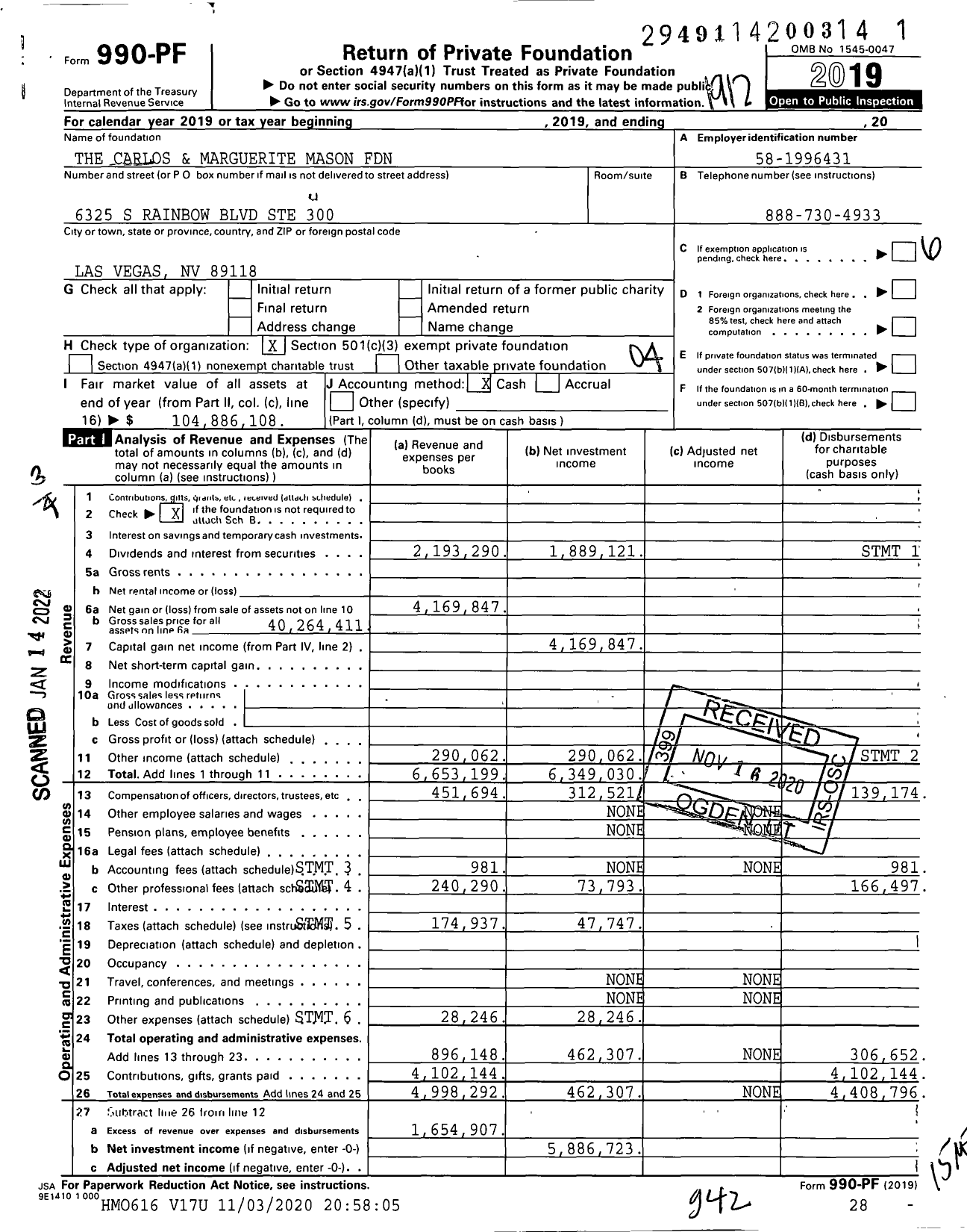 Image of first page of 2019 Form 990PF for The Carlos and Marguerite Mason Foundation