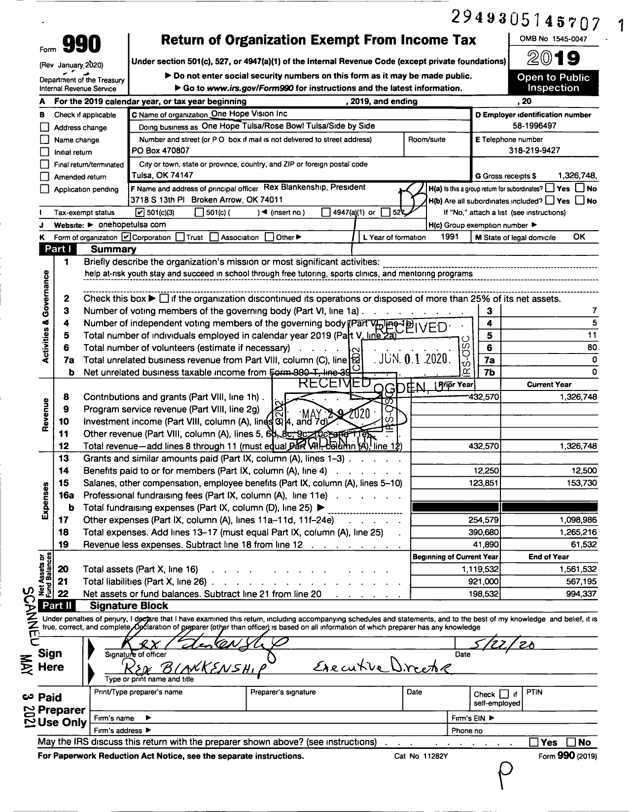 Image of first page of 2019 Form 990 for rose bowl tulsa side by side