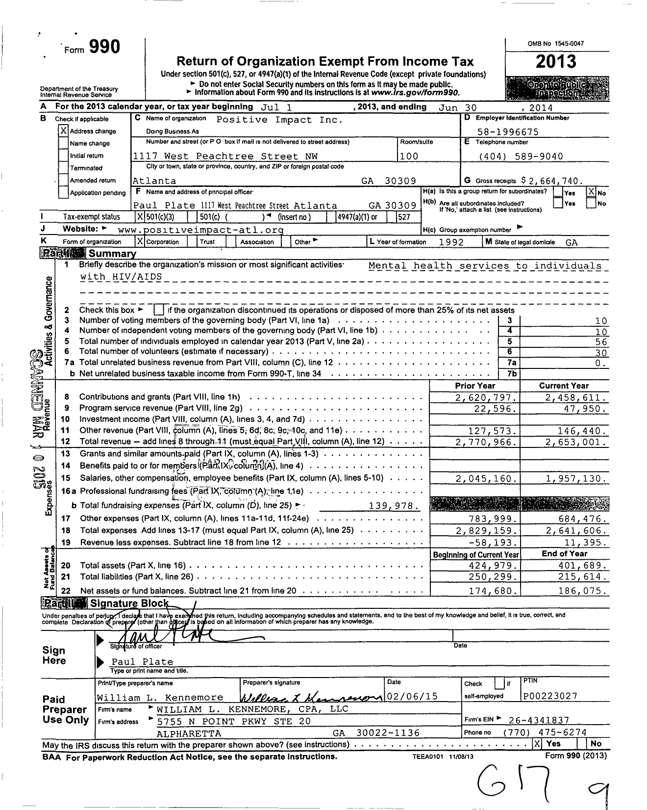 Image of first page of 2013 Form 990 for Positive Impact (PIHC)
