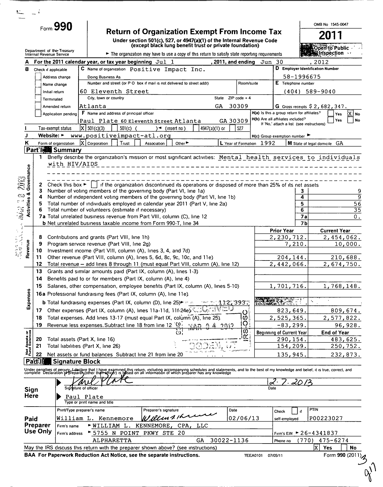 Image of first page of 2011 Form 990 for Positive Impact (PIHC)