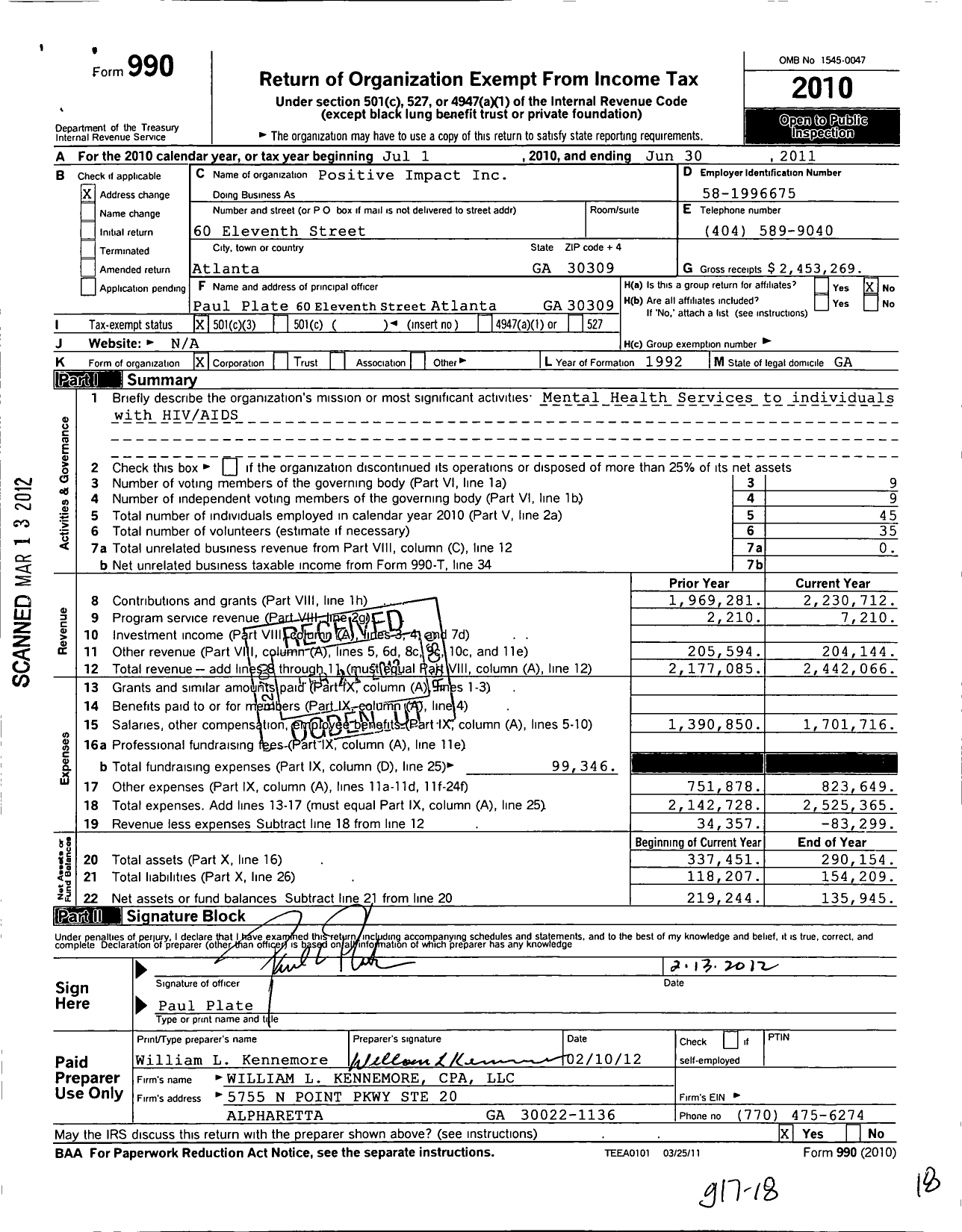 Image of first page of 2010 Form 990 for Positive Impact (PIHC)